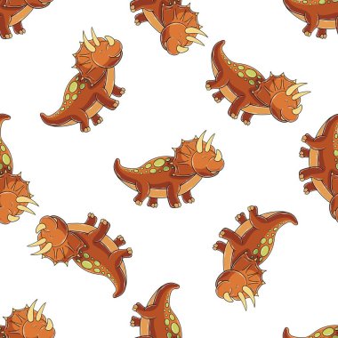 Dinozor desenli şirin çocuklar. Renkli dinozor vektör arka planı. Triceratops. Yazdır