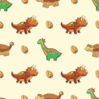 Dinozor desenli şirin çocuklar. Renkli dinozor vektör arka planı. Triceratops. Kumaş tekstil için yazdır