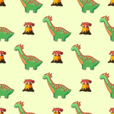 Şirin yeşil dinozor deseni. Renkli dinozor vektör arka planı. Kumaş tasarımı, tekstil, kumaş, duvar kağıdı, ambalaj kağıdı baskısı