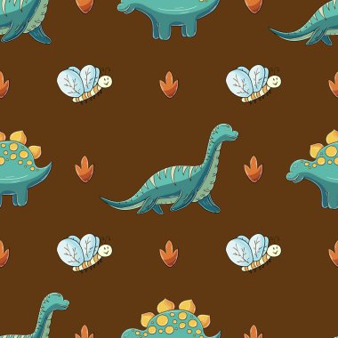 Şirin, komik dinozor deseni. Erkekler için yazdır. Dinozor vektör arka planı. Kumaş tasarımı, tekstil, kumaş, duvar kağıdı, ambalaj kağıdı baskısı