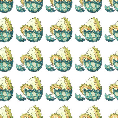 Şirin, komik dinozor deseni. Renkli vektör arkaplanı. Yumurtadaki dinozor. Tasarım için yazdır