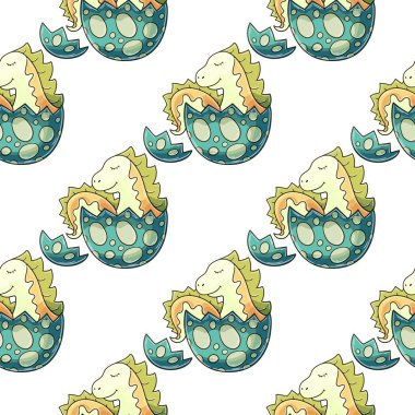 Şirin, komik dinozor deseni. Renkli vektör arkaplanı. Yumurtadaki dinozor. Kumaş tasarımı için yazdır