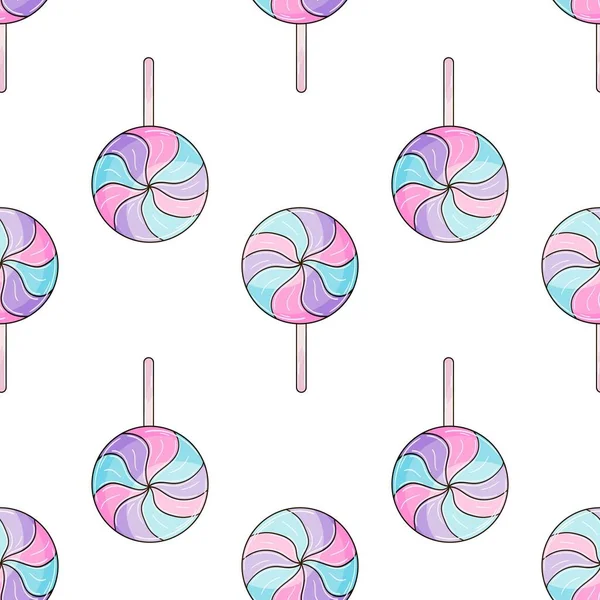 Cute Pattern Sweets Candies Purple Lollipops Seamless Pattern Print — Archivo Imágenes Vectoriales
