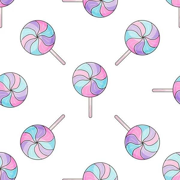 Cute Pattern Sweets Candies Purple Lollipops Seamless Pattern Print Cloth — Archivo Imágenes Vectoriales