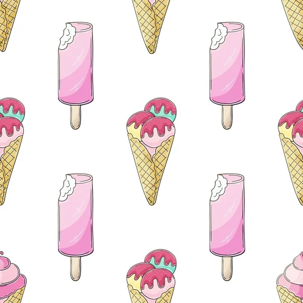 Cute Ice Cream Seamless Pattern Summer Holidays Popsicles Ice Cream — 图库矢量图片