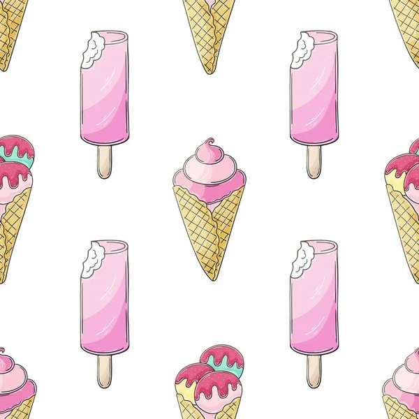 Mignon Modèle Crème Glacée Sans Couture Vacances Été Avec Popsicles — Image vectorielle