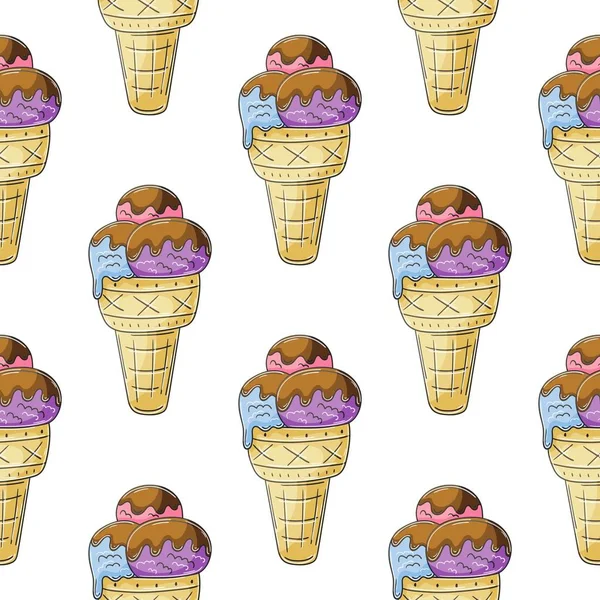 Cute Ice Cream Waffle Cones Seamless Pattern Wonderful Pattern Cold — Stock Vector