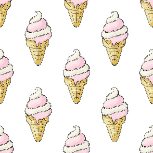 Cute ice cream in waffle cones seamless pattern. Summer. Wonderful pattern with cold dessert