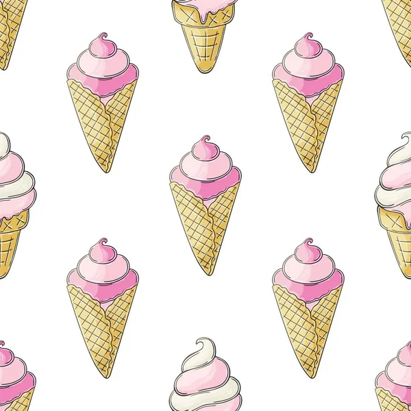 Cute Ice Cream Waffle Cones Seamless Pattern Summer Wonderful Pattern — Image vectorielle