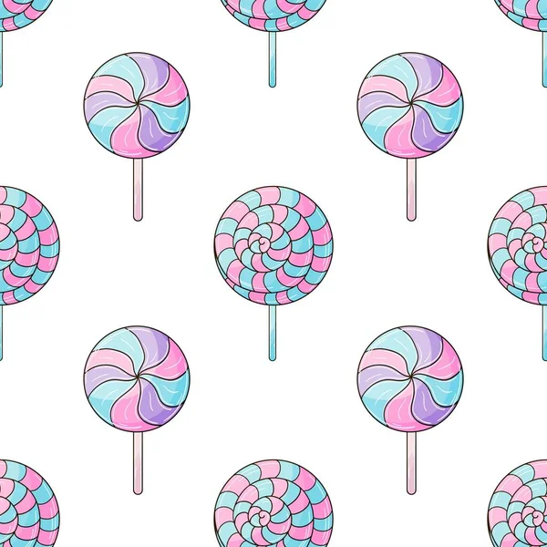 Candies Cute Pattern Sweets Purple Lollipops Seamless Pattern Print Cloth — Stockvector