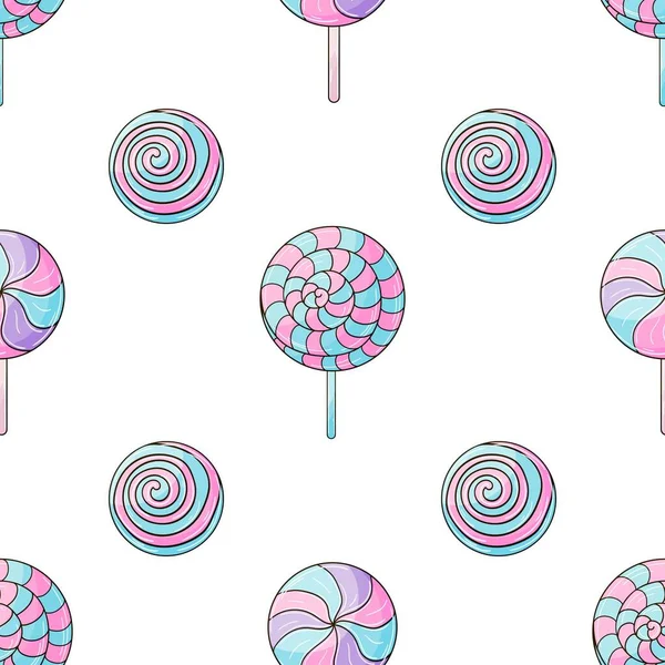 Candies Cute Pattern Sweets Purple Lollipops Seamless Pattern Print Cloth — Archivo Imágenes Vectoriales