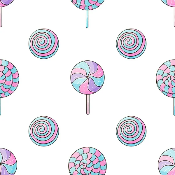 Candies Cute Pattern Sweets Purple Lollipops Seamless Pattern Print Cloth — Archivo Imágenes Vectoriales