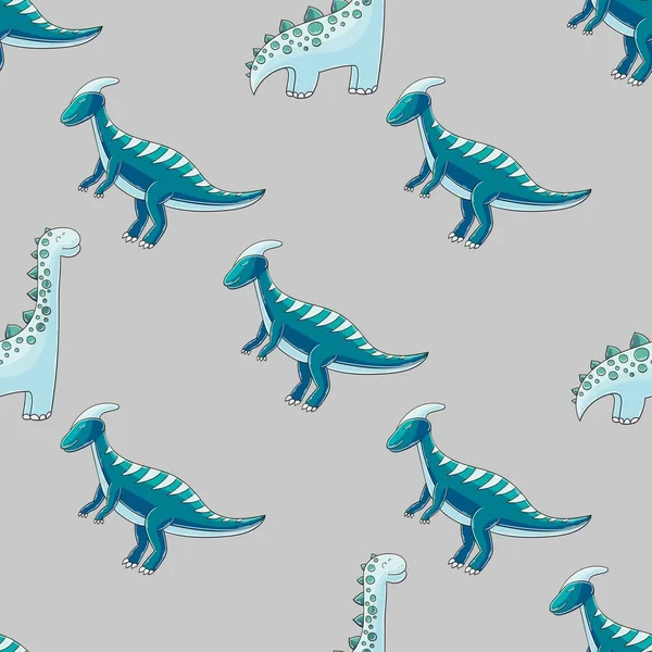 Hand Drawn Cute Dinosaurs Seamless Pattern Dinosaurs Background Blue Palette — Stockvektor