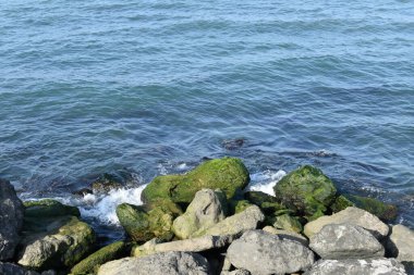 Deniz dalgaları kayalara vuruyor.