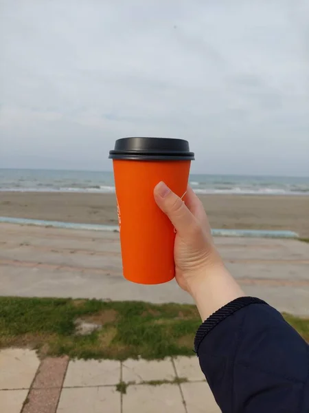 Drinking Coffee Seashore — Stock Photo, Image