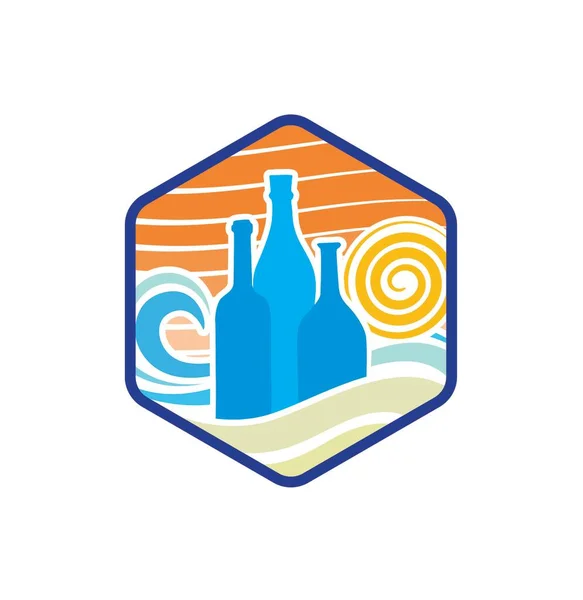 Yaratıcı ve soyut şişe simgesi veya logosu, kumlu bir sahilde 3 şarap ya da içki şişesi içerir..