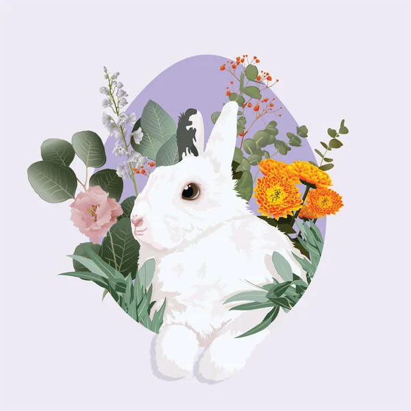 Bitkiler ve çiçeklerle çevrili bir delikte tavşan tasviri. Paskalya için ideal ya da bebek odası ya da tavşan teması için dekoratif bir ek