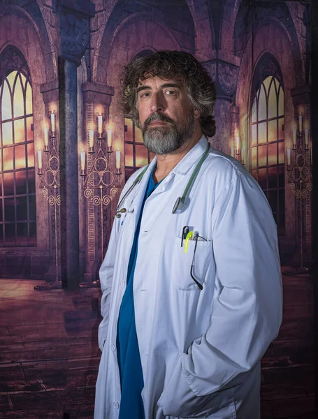 doctor dressed in the blue surgical suit and white coat