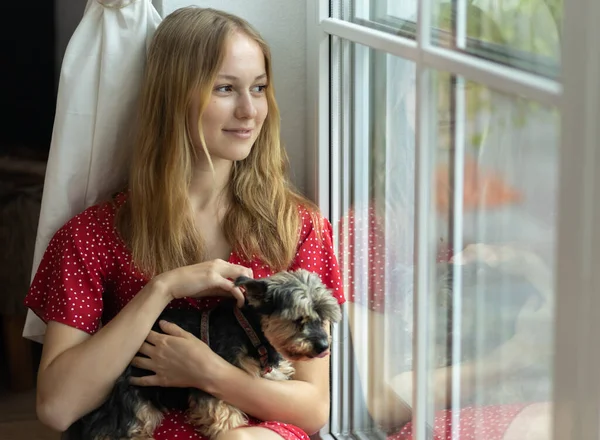 A girl in a red dress sits on the floor the window, strokes a dog and looks out the window with a smile. High quality photo