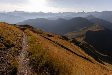 Cold sunlight and red slopes in autumn in the alpine mountains. Gasteinertal, Salzburgerland, Austria. High quality photo