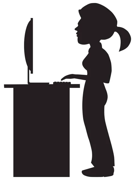 シルエットの漫画サービスの女性は彼女のカウンター上のコンピュータで働いています — ストックベクタ