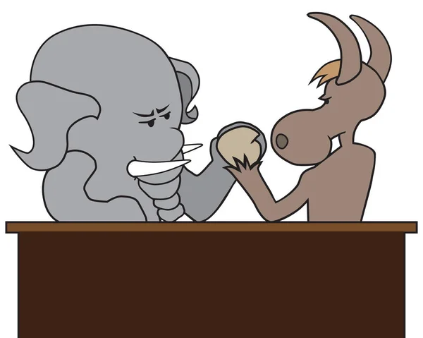 一头共和党的大象和一头民主党的驴子正在进行一场摔跤比赛 — 图库矢量图片