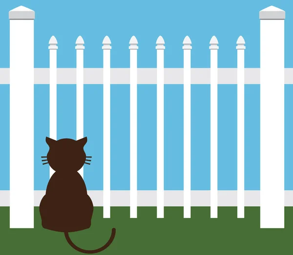 Cat Silhouette Staring White Picket Fence — Stock Vector