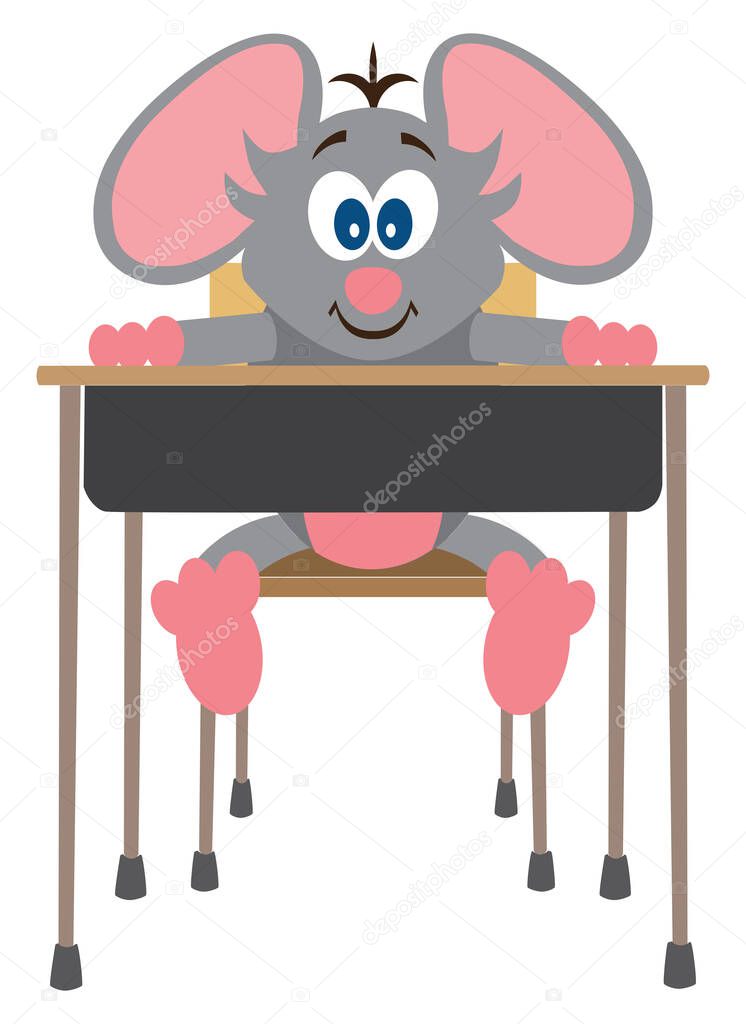 A young cartoon mouse is sitting at his desk eager to learn