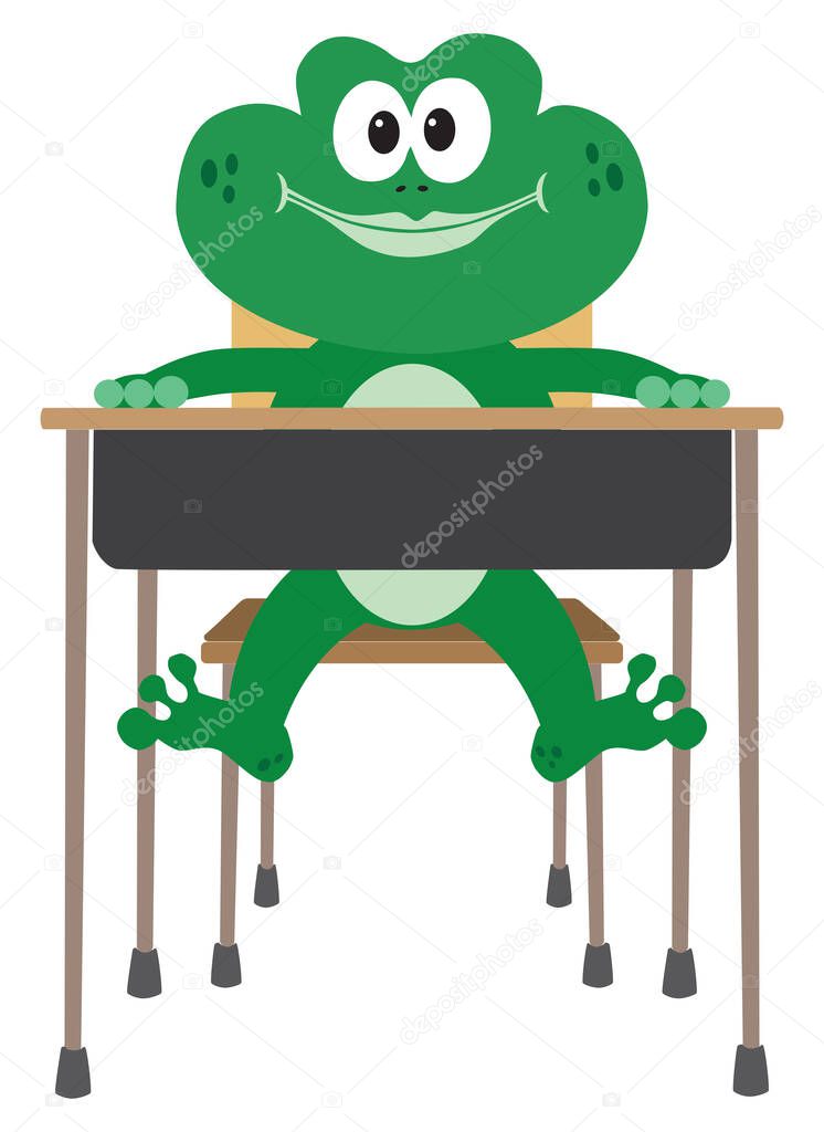 A young cartoon frog is sitting at his desk in school eager to start learning