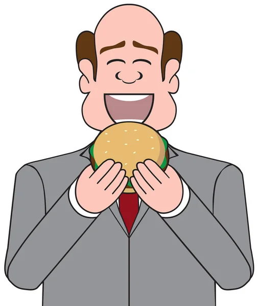 Kelleşen Bir Karikatür Işadamı Hamburgerin Tadını Çıkarmak Üzere — Stok Vektör