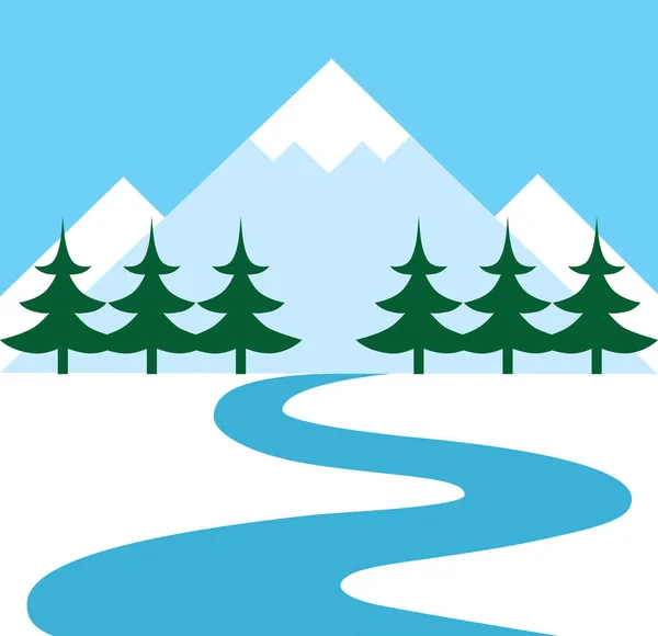 Uma Paisagem Paisagística Inverno Com Árvores Montanhas Riacho —  Vetores de Stock