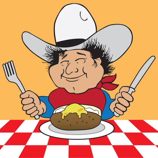 Smiling Cartoon Cowboy Getting Ready Enjoy Baked Potato — Stockvektor