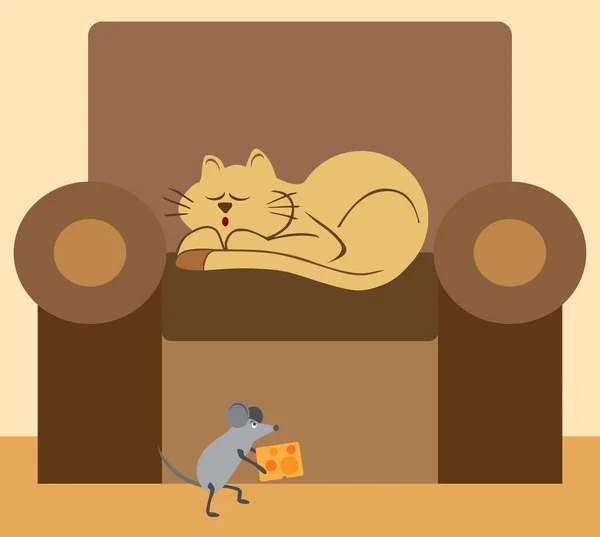 一只卡通老鼠正带着一块奶酪从一只熟睡中的猫身边溜过去 — 图库矢量图片