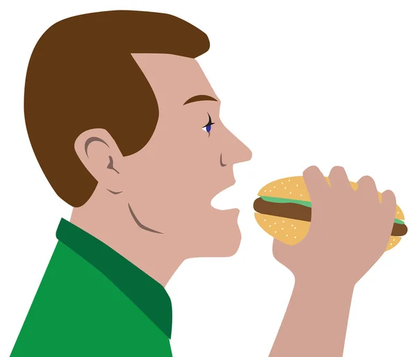 Kreslený Muž Chystá Pozřít Hamburger — Stockový vektor
