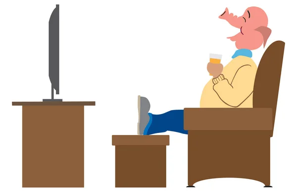 テレビを見ている間に 漫画の豚は飲み物で彼の簡単な椅子でリラックスしています — ストックベクタ