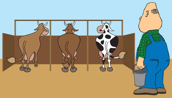 Cartoon Dairy Farmer Getting Ready Milk His Cows — Stock Vector