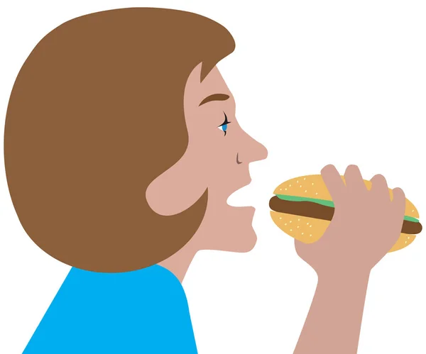 Young Cartoon Woman Take Bite Out Hamburger — Stok Vektör