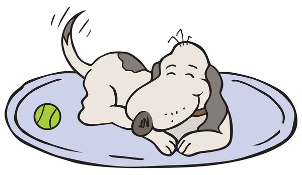 Old Cartoon Dog Resting Comfortably His Bed His Tail Wagging — Image vectorielle