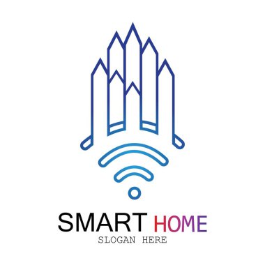 Wifi Evi Vektörü Logo.Smart Şehir Teknoloji Simgesi Vektörü. Şehir Ağı Logo Kavram Vektörü
