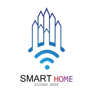 Wifi Evi Vektörü Logo.Smart Şehir Teknoloji Simgesi Vektörü. Şehir Ağı Logo Kavram Vektörü