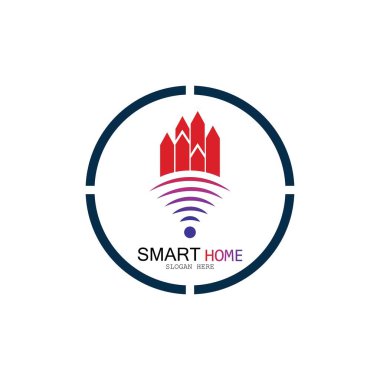 Wifi Evi Vektörü Logo.Smart Şehir Teknoloji Simgesi Vektörü. Şehir Ağı Logo Kavram Vektörü