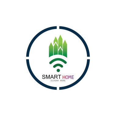 Wifi Evi Vektörü Logo.Smart Şehir Teknoloji Simgesi Vektörü. Şehir Ağı Logo Kavram Vektörü