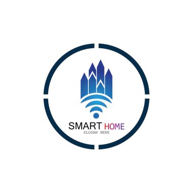 Wifi Evi Vektörü Logo.Smart Şehir Teknoloji Simgesi Vektörü. Şehir Ağı Logo Kavram Vektörü