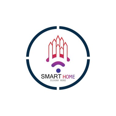 Wifi Evi Vektörü Logo.Smart Şehir Teknoloji Simgesi Vektörü. Şehir Ağı Logo Kavram Vektörü