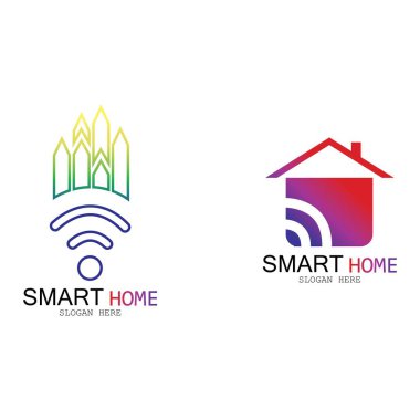 Wifi Evi Vektörü Logo.Smart Şehir Teknoloji Simgesi Vektörü. Şehir Ağı Logo Kavram Vektörü