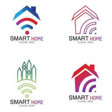 Wifi Evi Vektörü Logo.Smart Şehir Teknoloji Simgesi Vektörü. Şehir Ağı Logo Kavram Vektörü