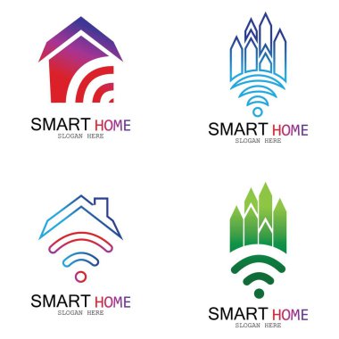 Wifi Evi Vektörü Logo.Smart Şehir Teknoloji Simgesi Vektörü. Şehir Ağı Logo Kavram Vektörü