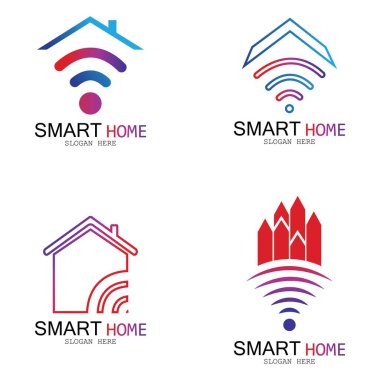 Wifi Evi Vektörü Logo.Smart Şehir Teknoloji Simgesi Vektörü. Şehir Ağı Logo Kavram Vektörü