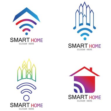Wifi Evi Vektörü Logo.Smart Şehir Teknoloji Simgesi Vektörü. Şehir Ağı Logo Kavram Vektörü