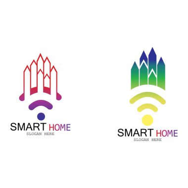 Wifi Evi Vektörü Logo.Smart Şehir Teknoloji Simgesi Vektörü. Şehir Ağı Logo Kavram Vektörü